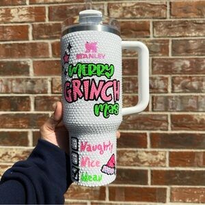 Pink & White Grinch Christmas Bedazzled Rhinestone Stanley Quencher